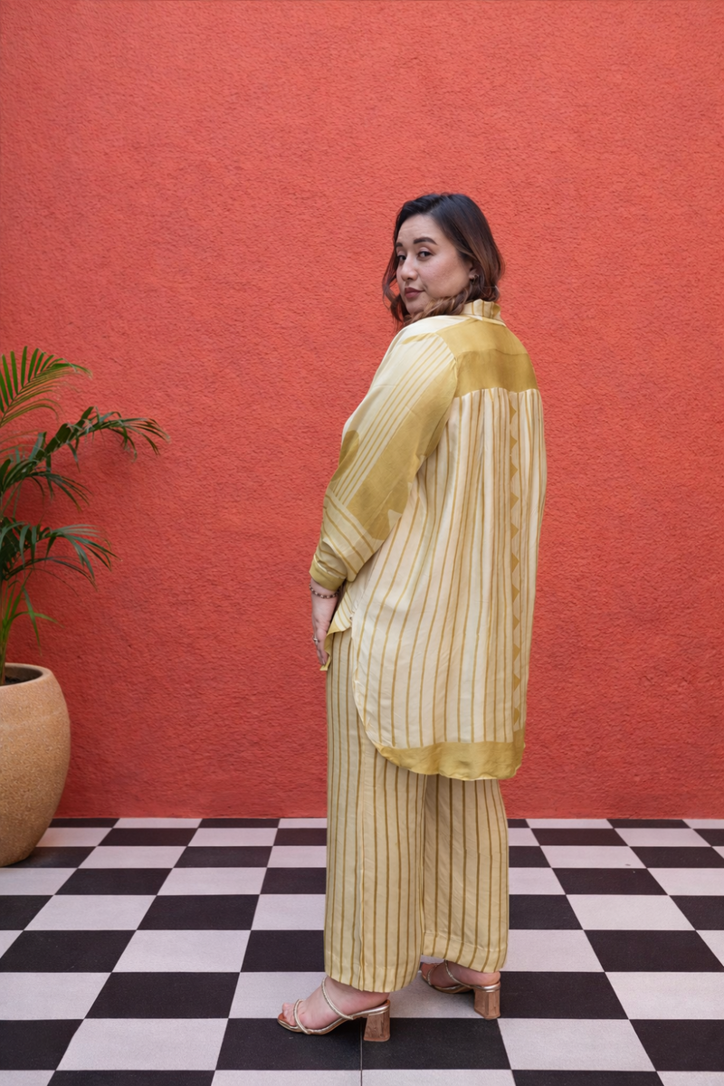 OHSO Organic Mustard Shirt Coord Set satin by PRAHNAAYA in yellow color for women Worldwide