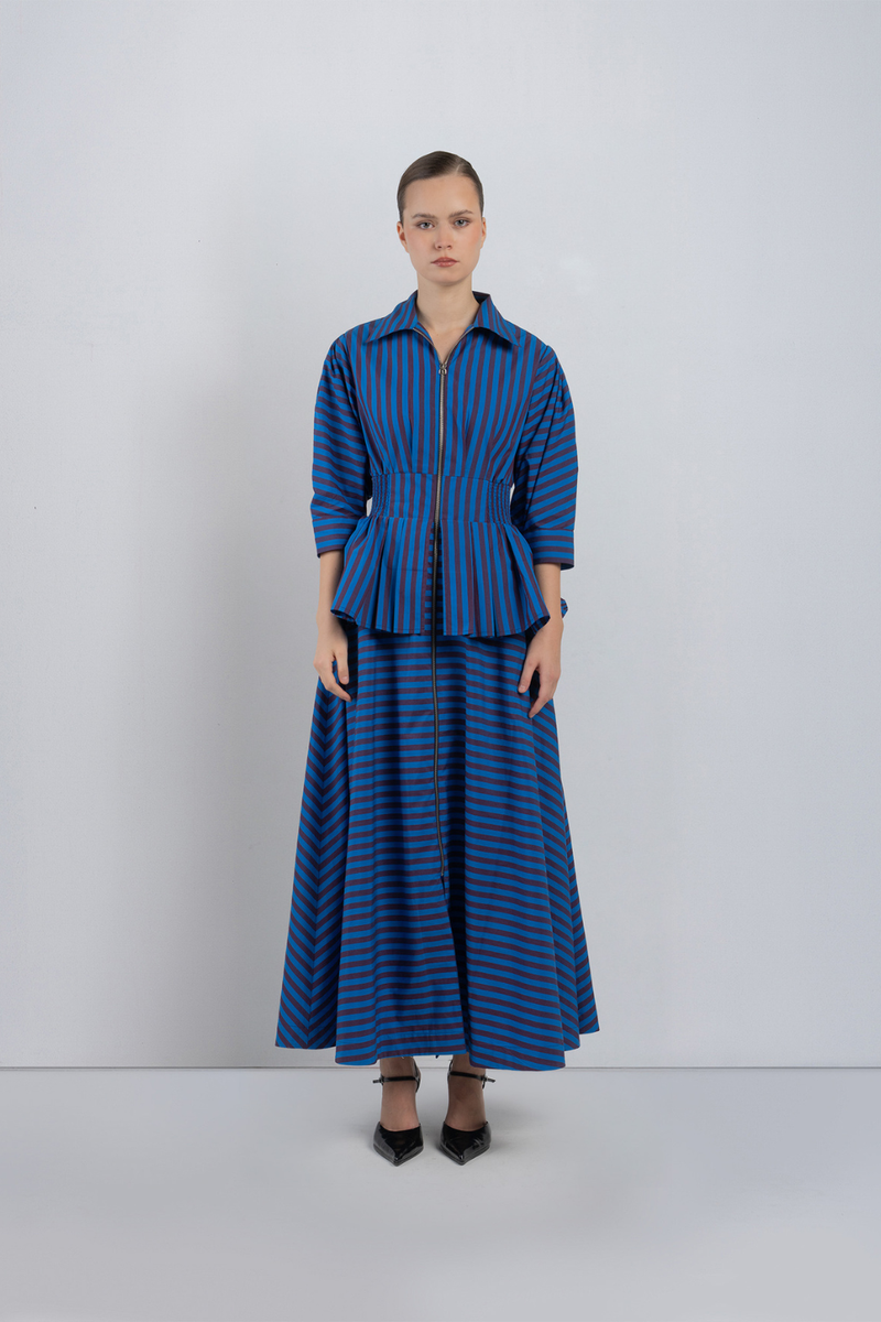 AME DRESS - Blue/ Plum Stripes dress by Leh Studios in blue for women Worldwide