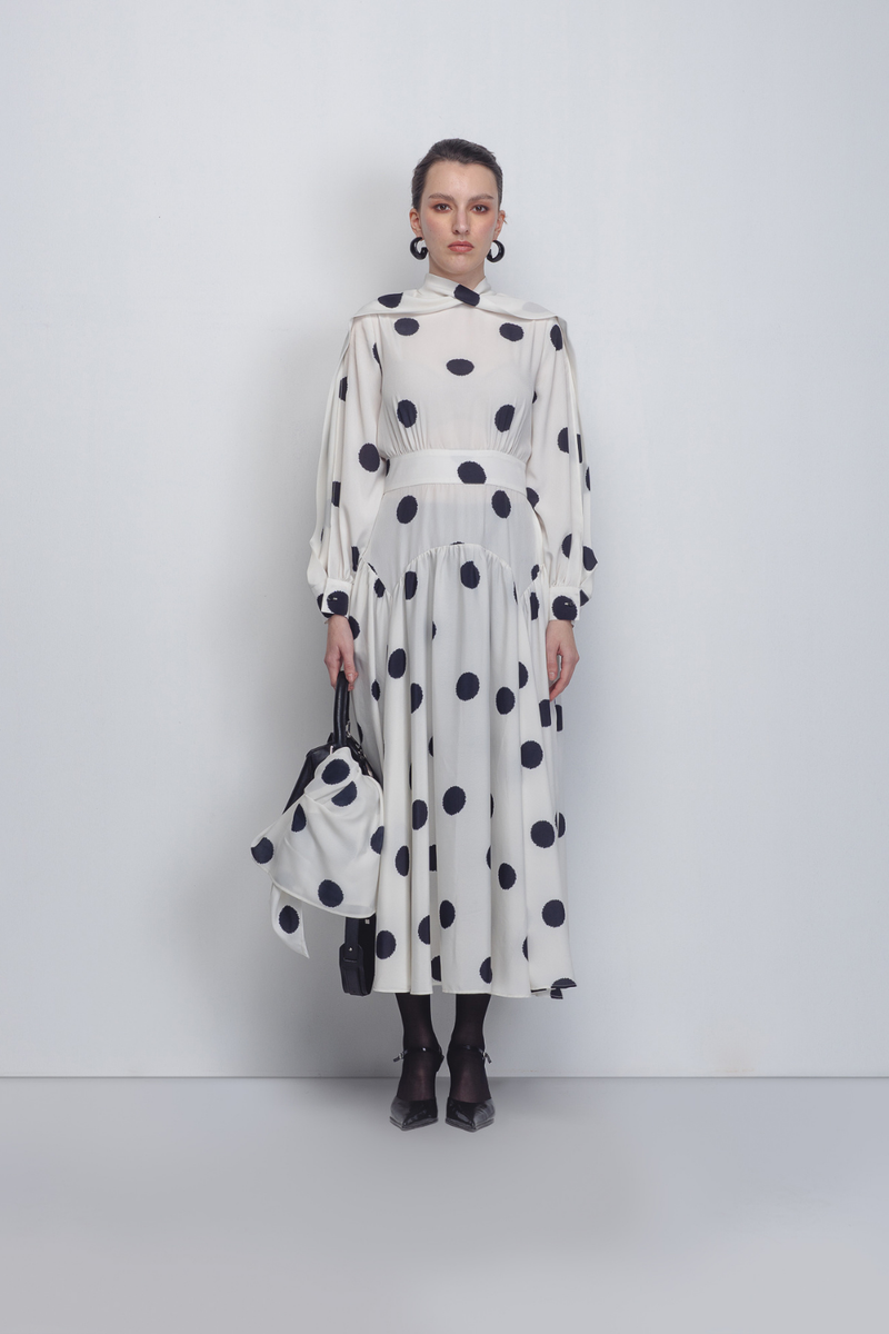 Amelia Dress - White + Black Dots by Leh Studios in black color for women Worldwide