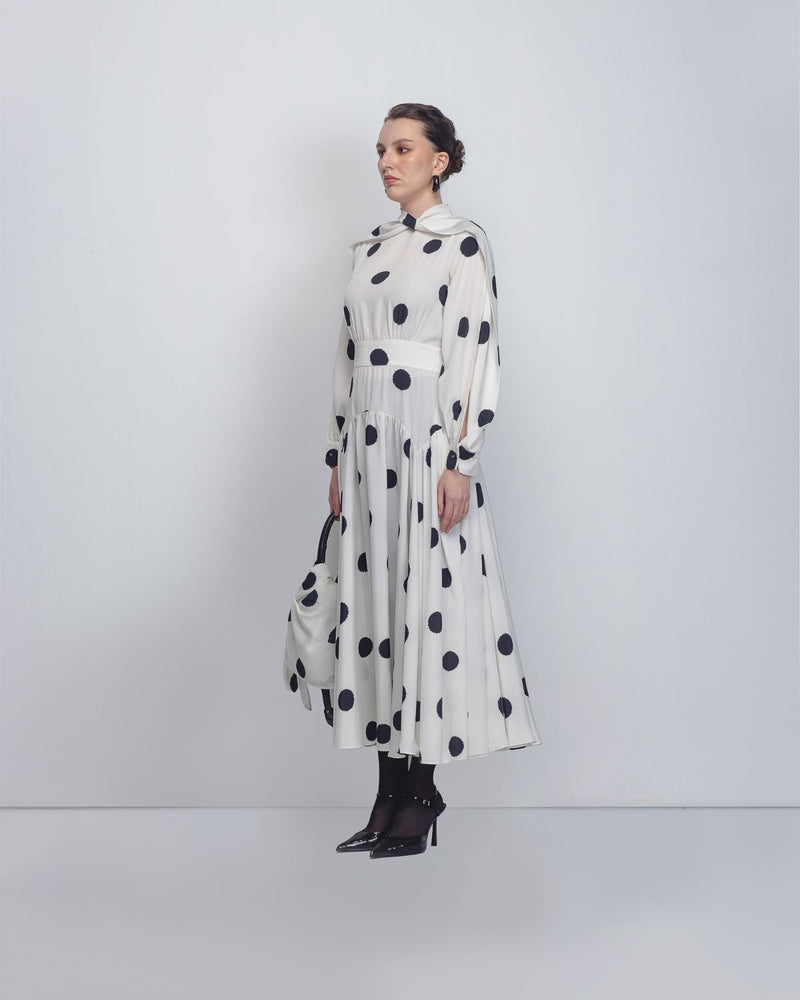 Amelia Dress - White + Black Dots by Leh Studios in black color for women Worldwide