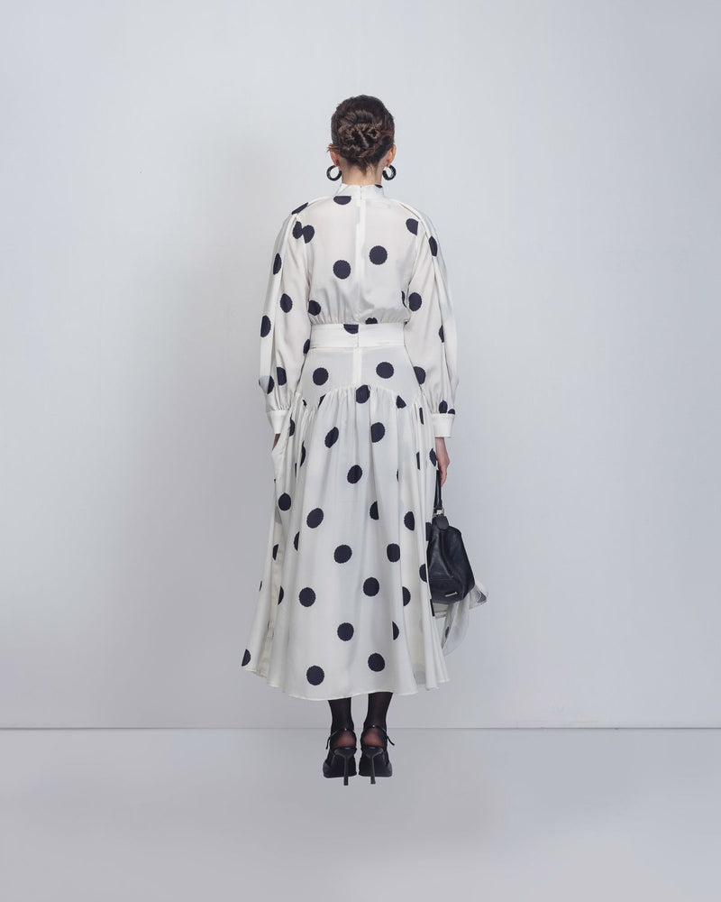 Amelia Dress - White + Black Dots by Leh Studios in black color for women Worldwide