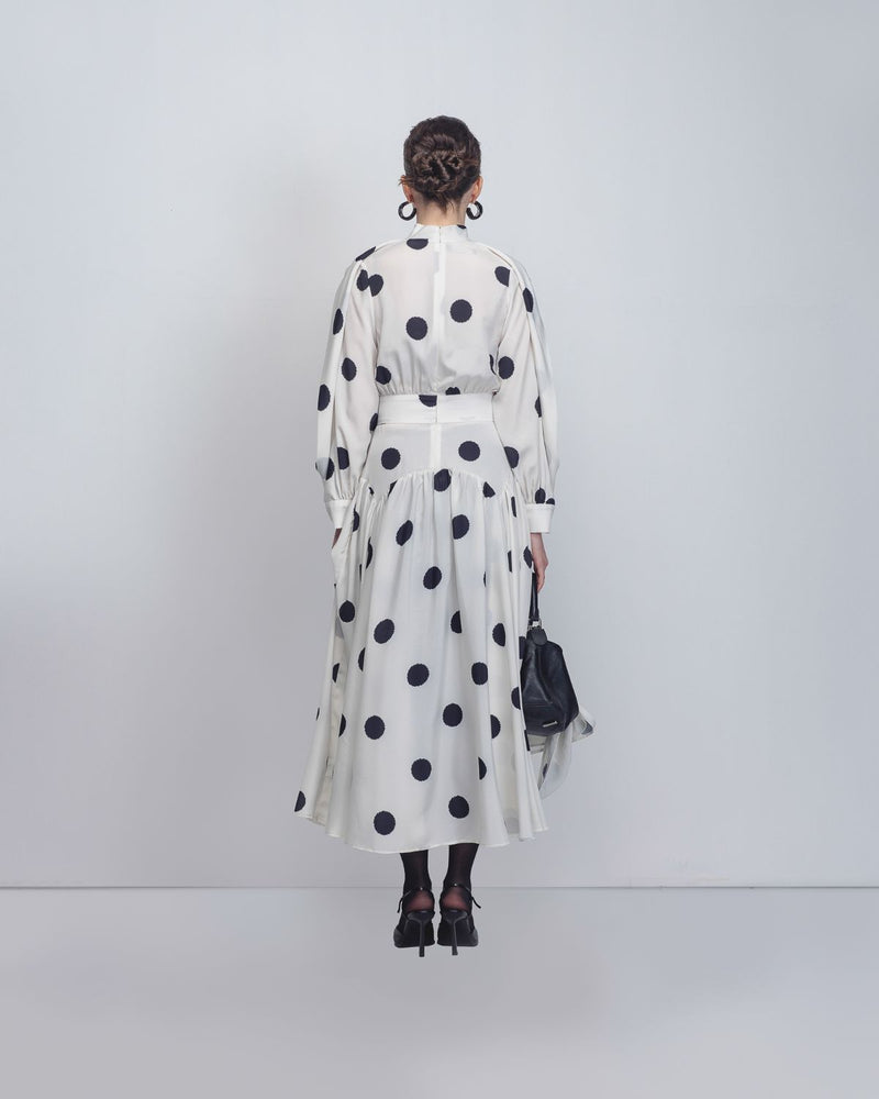 Amelia Dress - White + Black Dots by Leh Studios in black color for women Worldwide