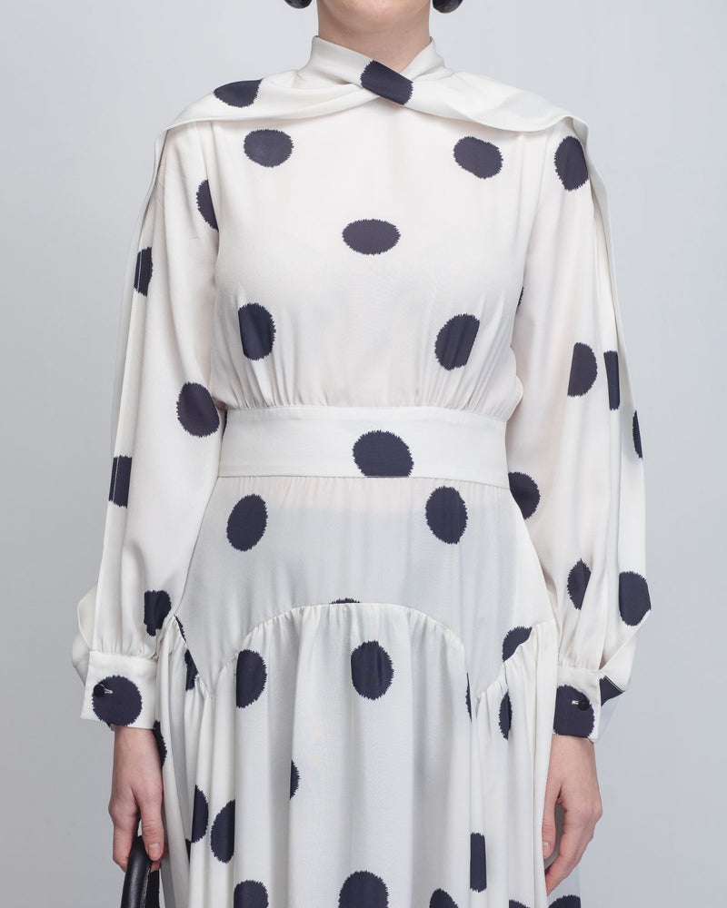 Amelia Dress - White + Black Dots by Leh Studios in black color for women Worldwide
