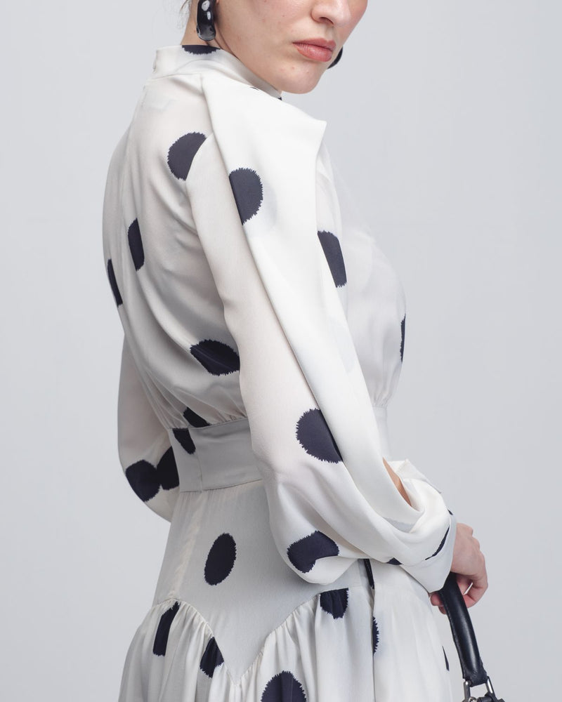 Amelia Dress - White + Black Dots by Leh Studios in black color for women Worldwide