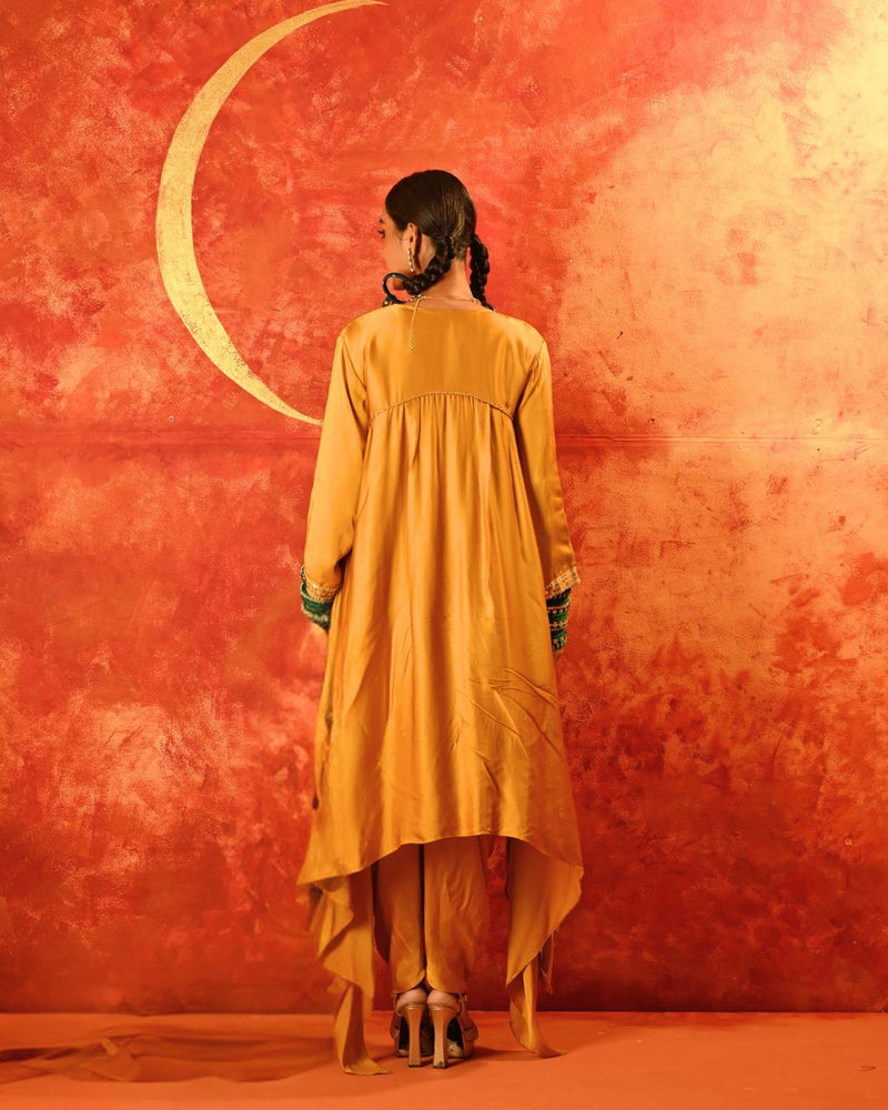 Mahi Mustard Asymmetric Kurta Set satin by PRAHNAAYA in yellow color for women Worldwide