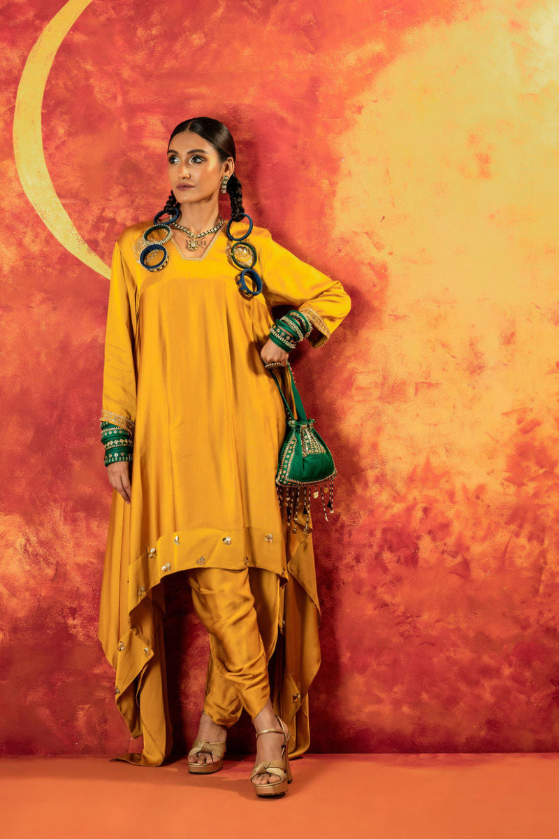 Mahi Mustard Asymmetric Kurta Set satin by PRAHNAAYA in yellow color for women Worldwide