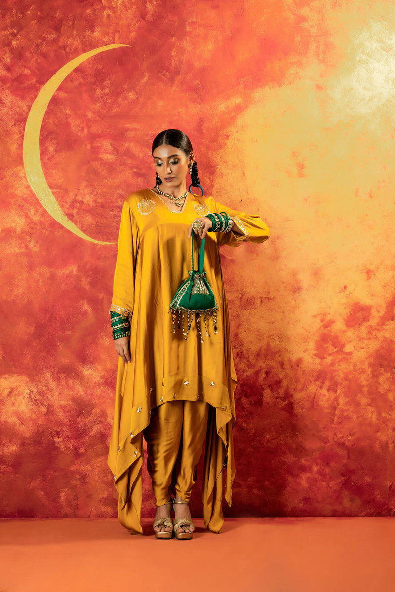 Mahi Mustard Asymmetric Kurta Set satin by PRAHNAAYA in yellow color for women Worldwide