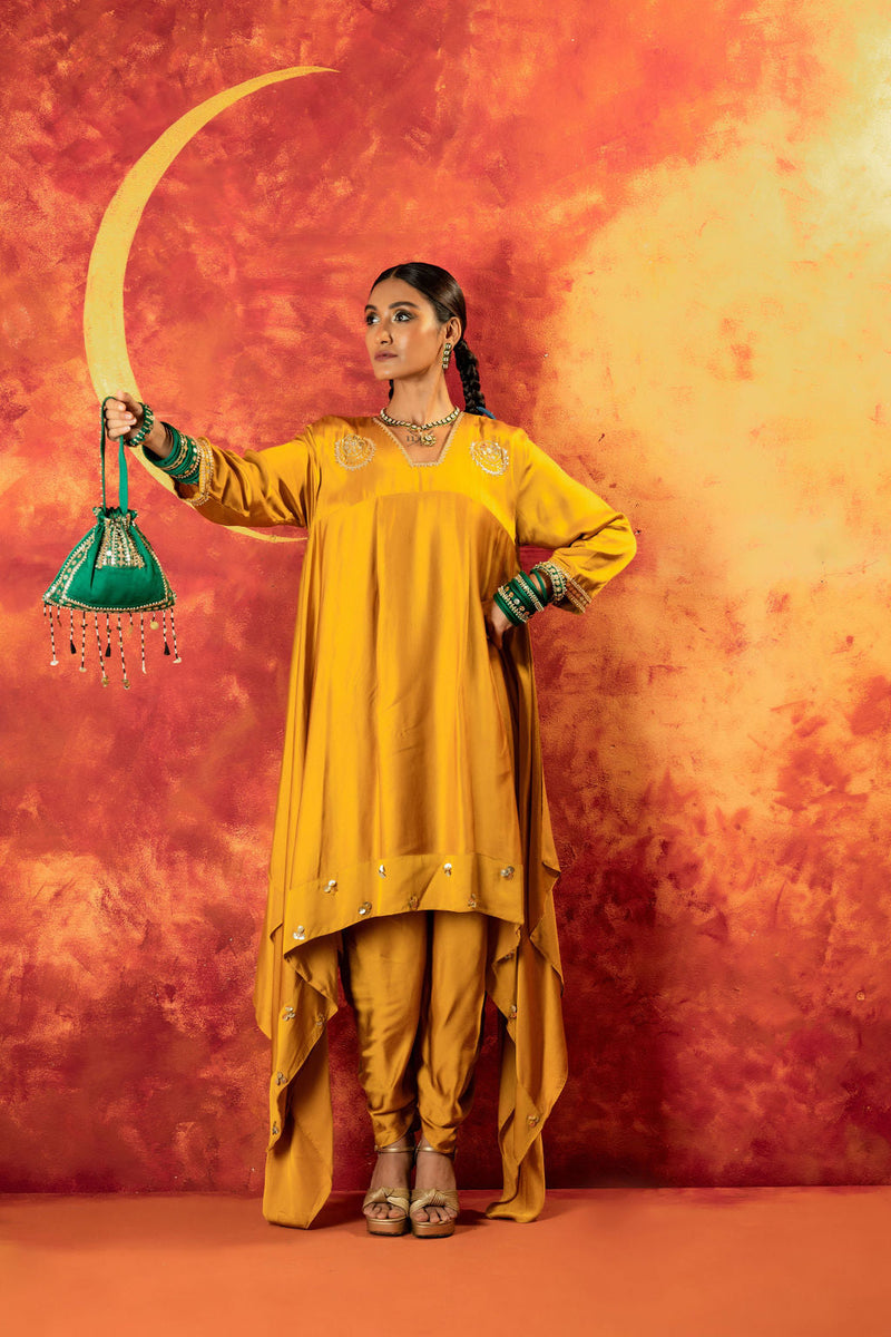 Mahi Mustard Asymmetric Kurta Set satin by PRAHNAAYA in yellow color for women Worldwide