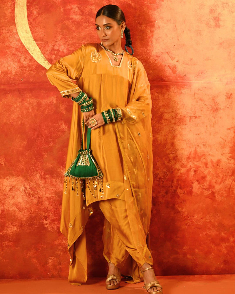Mahi Mustard Asymmetric Kurta Set with coord Dupatta satin by PRAHNAAYA in yellow color for women Worldwide
