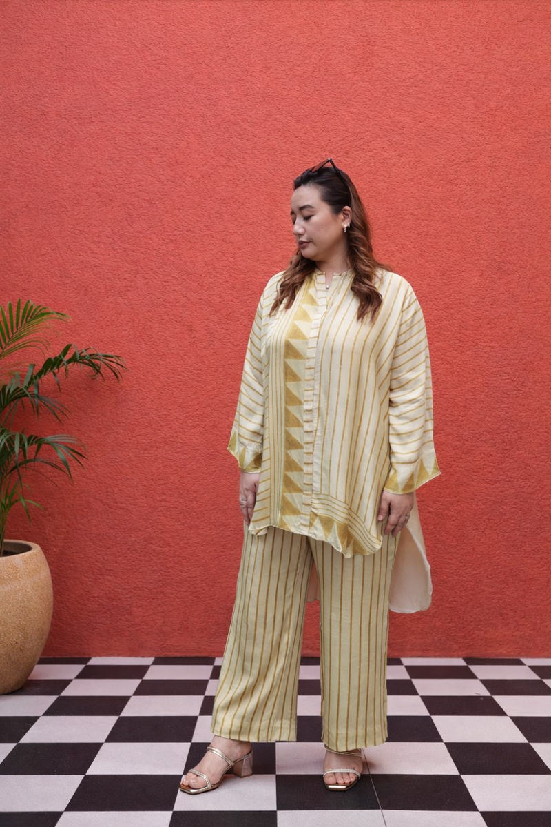OHSO Organic Mustard Tunic Set satin by PRAHNAAYA in yellow color for women Worldwide
