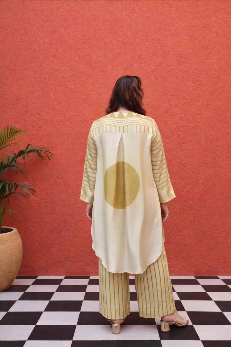 OHSO Organic Mustard Tunic Set satin by PRAHNAAYA in yellow color for women Worldwide
