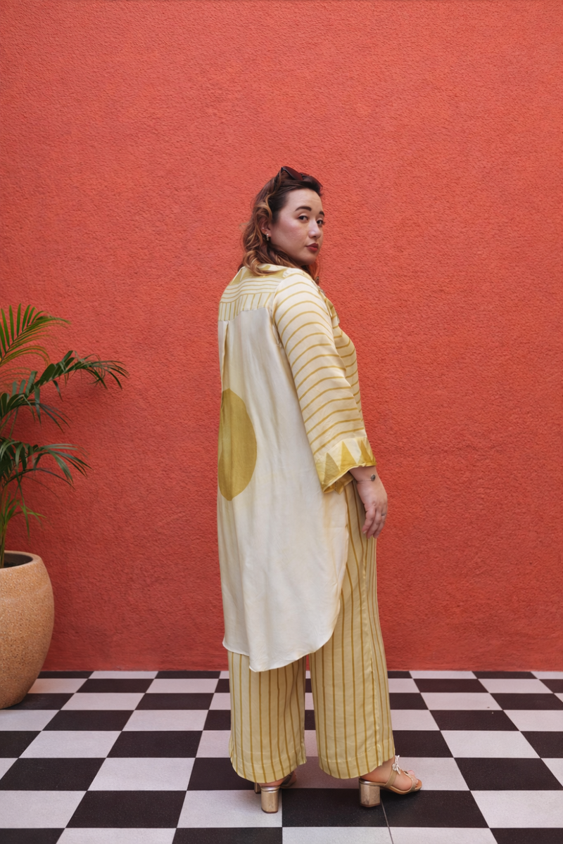 OHSO Organic Mustard Tunic Set satin by PRAHNAAYA in yellow color for women Worldwide