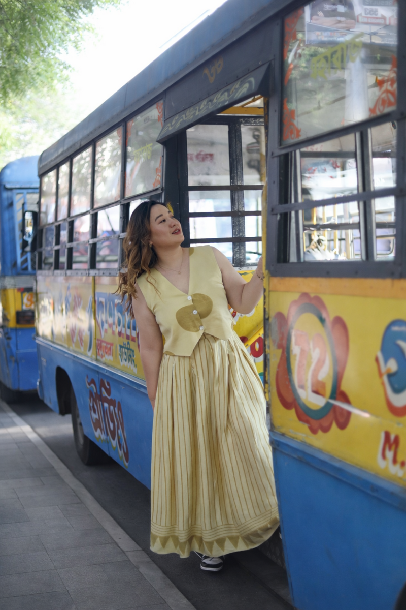 OHSO Organic Mustard Ajrakh Top & Skirt Set satin by PRAHNAAYA in yellow color for women Worldwide