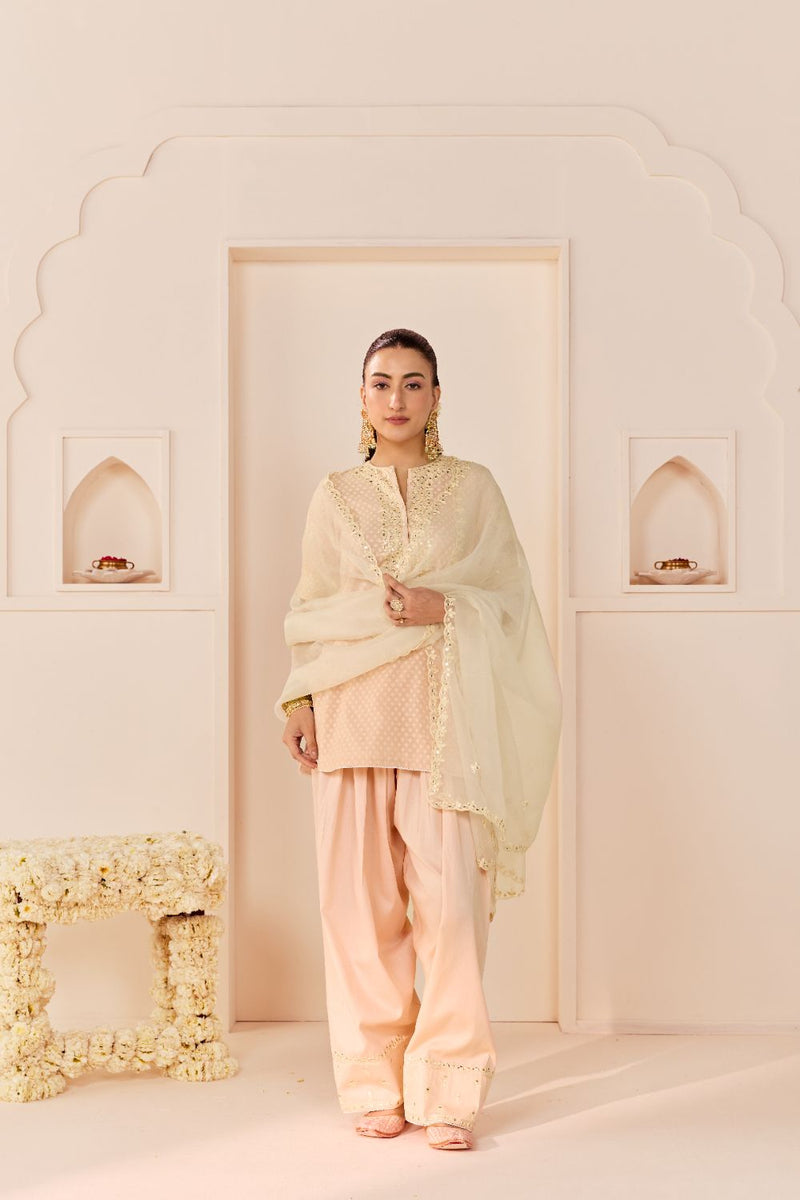 ANAISHA - CARNATION PINK SHORT KURTA WITH FARSHI SALWAR chanderi silk kurta/kurta set by SHEETAL BATRA in carnation pink with daisy ivory for women Worldwide