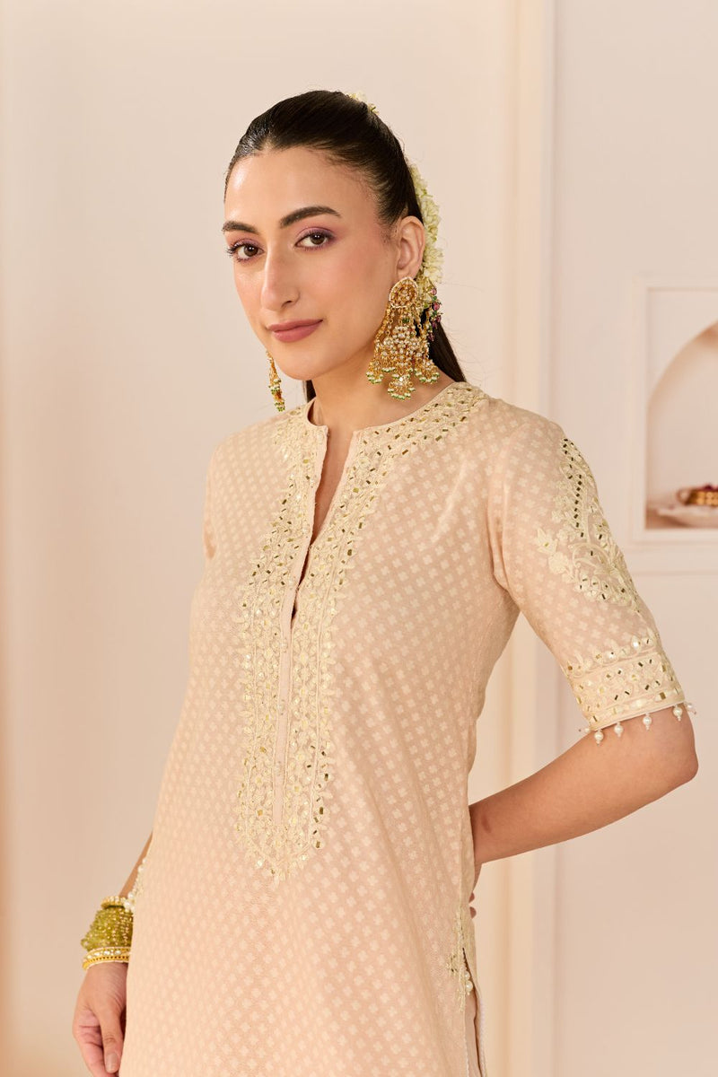 ANAISHA - CARNATION PINK SHORT KURTA WITH FARSHI SALWAR chanderi silk kurta/kurta set by SHEETAL BATRA in carnation pink with daisy ivory for women Worldwide