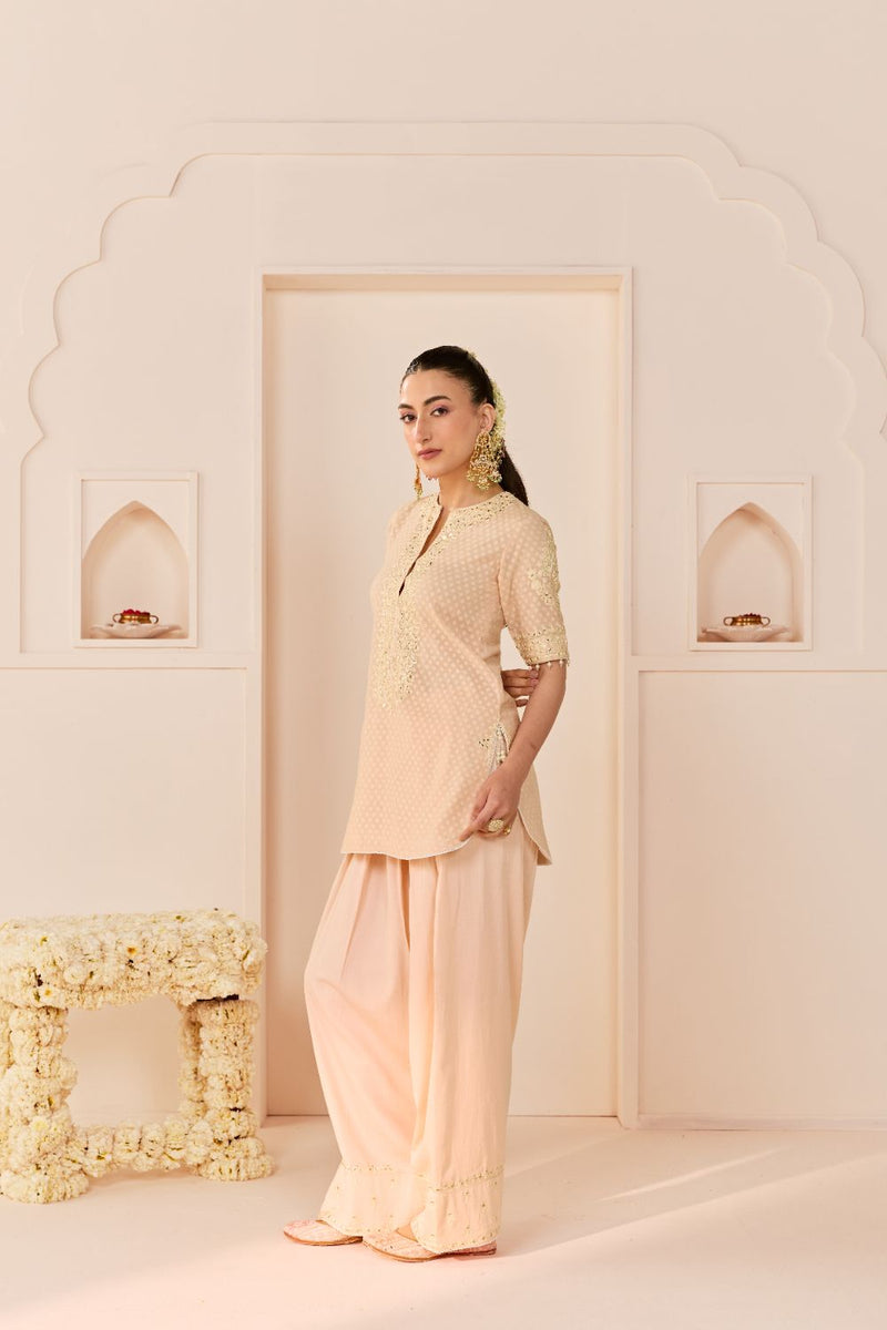 ANAISHA - CARNATION PINK SHORT KURTA WITH FARSHI SALWAR chanderi silk kurta/kurta set by SHEETAL BATRA in carnation pink with daisy ivory for women Worldwide