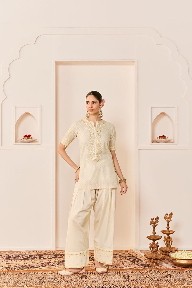 ANAISHA -DAISY IVORY SHORT KURTA WITH FARSHI SALWAR chanderi silk kurta/kurta set by SHEETAL BATRA in daisy ivory with carnation pink for women Worldwide