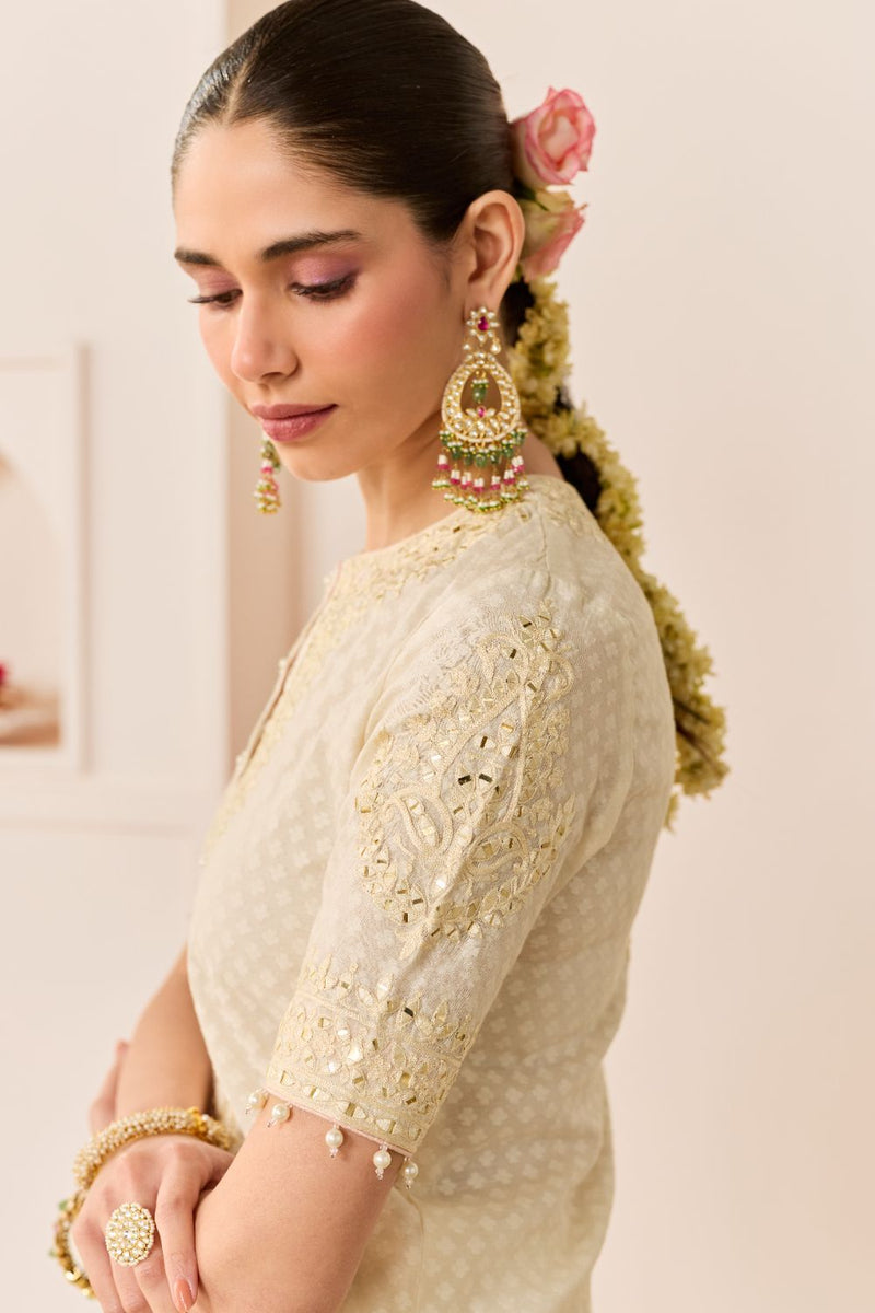 ANAISHA -DAISY IVORY SHORT KURTA WITH FARSHI SALWAR chanderi silk kurta/kurta set by SHEETAL BATRA in daisy ivory with carnation pink for women Worldwide