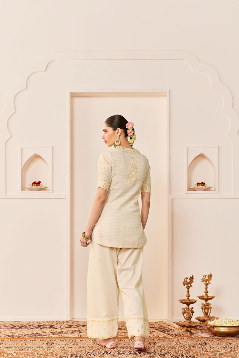 ANAISHA -DAISY IVORY SHORT KURTA WITH FARSHI SALWAR chanderi silk kurta/kurta set by SHEETAL BATRA in daisy ivory with carnation pink for women Worldwide