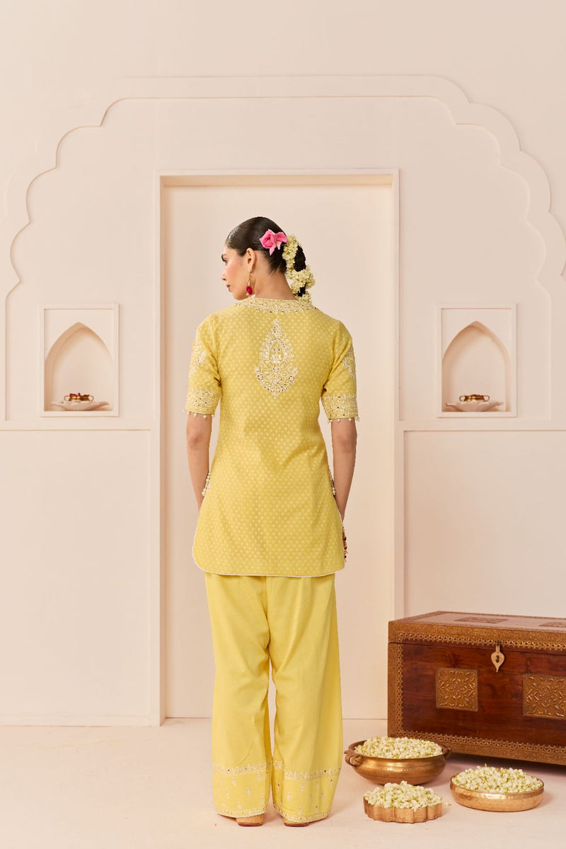 ANAISHA - LEMON YELLOW SHORT KURTA WITH FARSHI SALWAR chanderi silk kurta/kurta set by SHEETAL BATRA in lemon yellow with mint green for women Worldwide