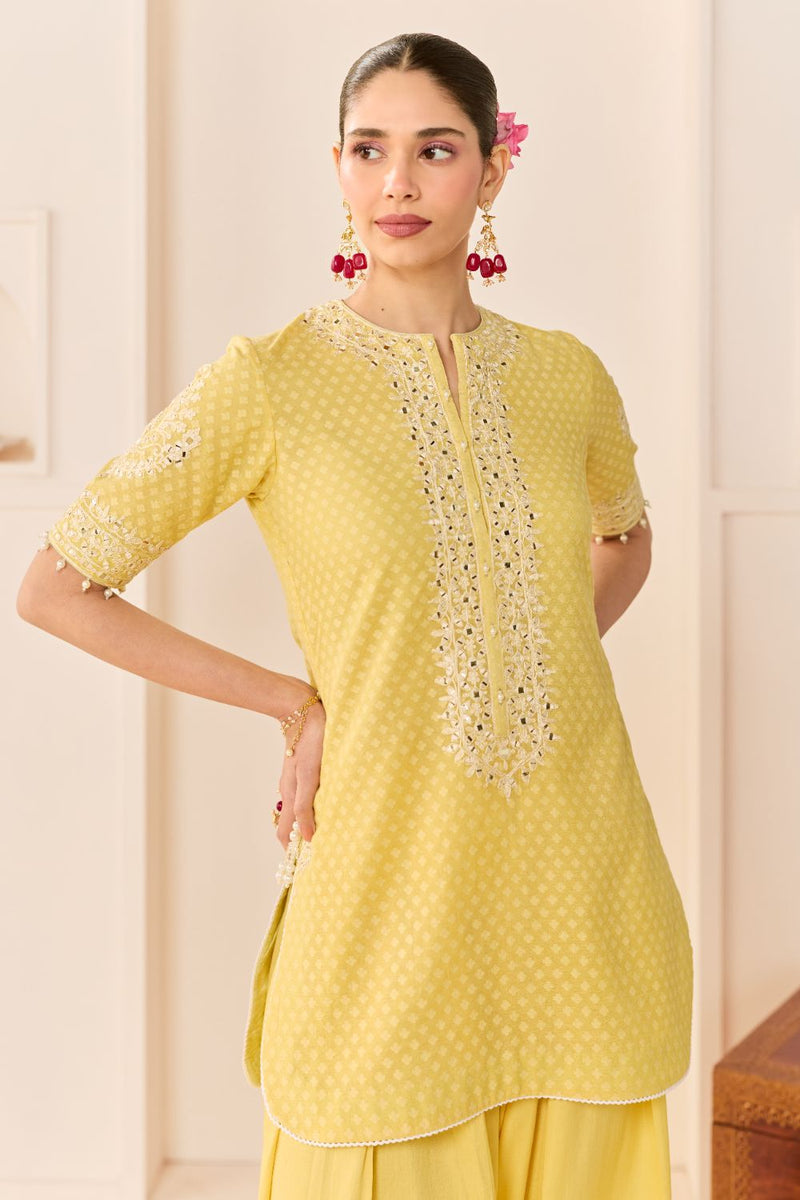 ANAISHA - LEMON YELLOW SHORT KURTA WITH FARSHI SALWAR chanderi silk kurta/kurta set by SHEETAL BATRA in lemon yellow with mint green for women Worldwide