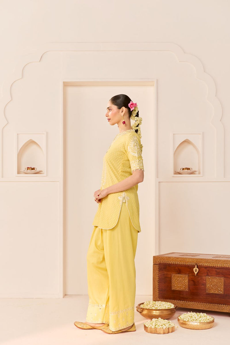 ANAISHA - LEMON YELLOW SHORT KURTA WITH FARSHI SALWAR chanderi silk kurta/kurta set by SHEETAL BATRA in lemon yellow with mint green for women Worldwide