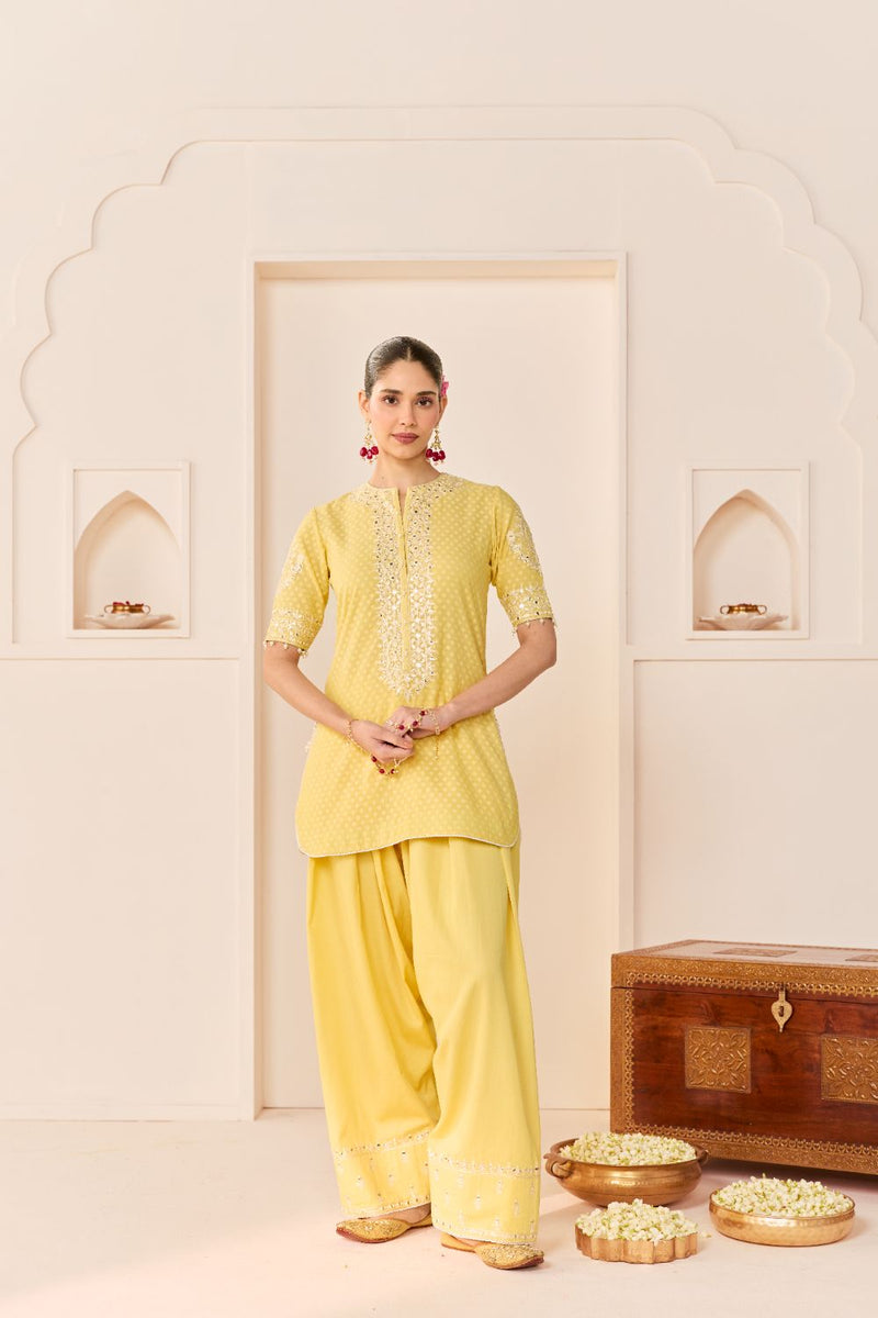 ANAISHA - LEMON YELLOW SHORT KURTA WITH FARSHI SALWAR chanderi silk kurta/kurta set by SHEETAL BATRA in lemon yellow with mint green for women Worldwide
