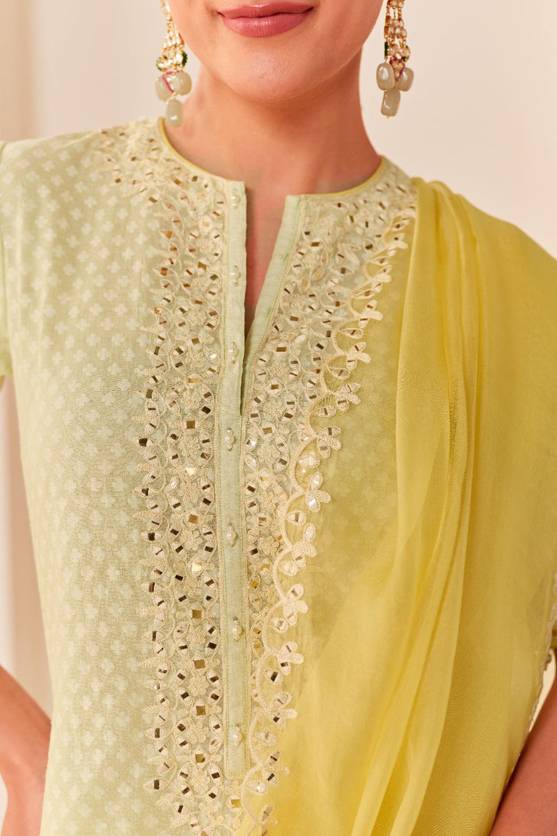 ANAISHA - MINT GREEN SHORT KURTA WITH FARSHI SALWAR chanderi silk kurta/kurta set by SHEETAL BATRA in mint green with lemon yellow for women Worldwide