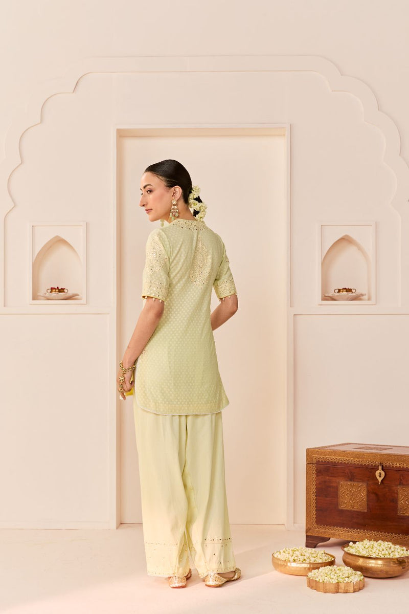 ANAISHA - MINT GREEN SHORT KURTA WITH FARSHI SALWAR chanderi silk kurta/kurta set by SHEETAL BATRA in mint green with lemon yellow for women Worldwide