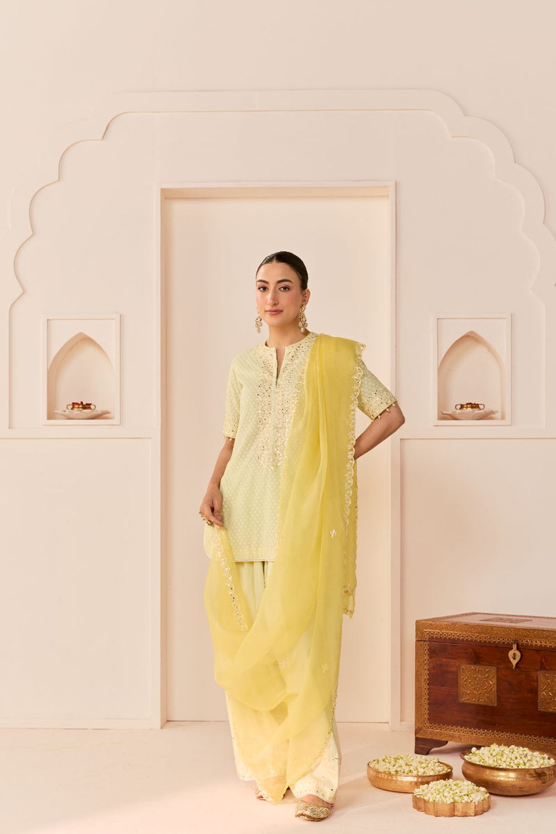 ANAISHA - MINT GREEN SHORT KURTA WITH FARSHI SALWAR chanderi silk kurta/kurta set by SHEETAL BATRA in mint green with lemon yellow for women Worldwide