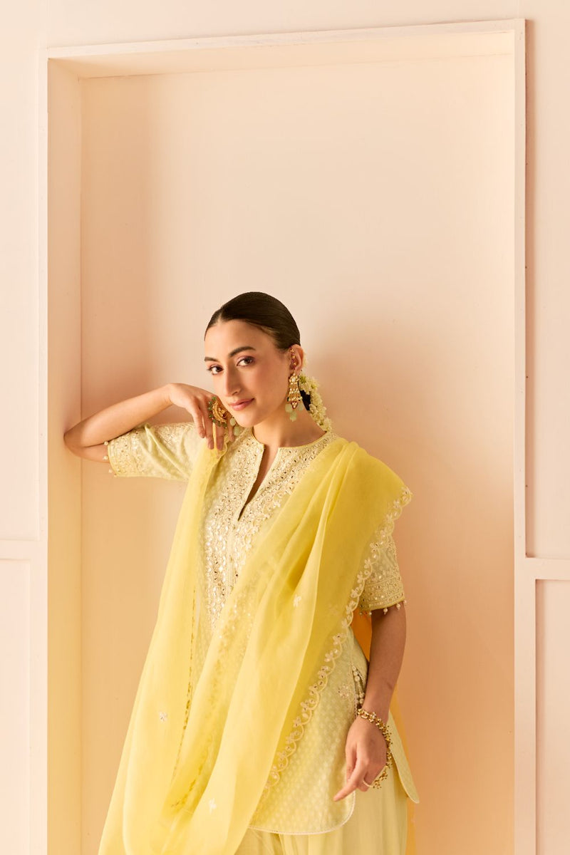 ANAISHA - MINT GREEN SHORT KURTA WITH FARSHI SALWAR chanderi silk kurta/kurta set by SHEETAL BATRA in mint green with lemon yellow for women Worldwide