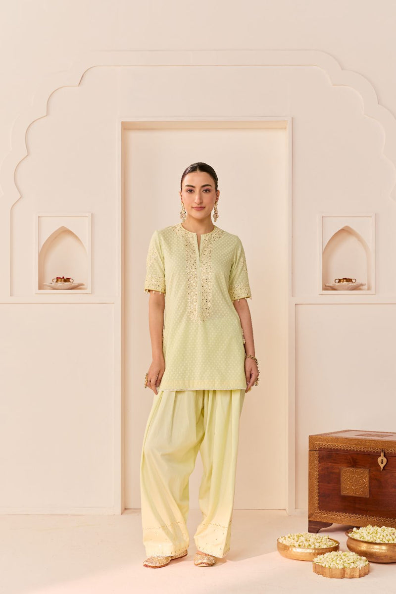 ANAISHA - MINT GREEN SHORT KURTA WITH FARSHI SALWAR chanderi silk kurta/kurta set by SHEETAL BATRA in mint green with lemon yellow for women Worldwide