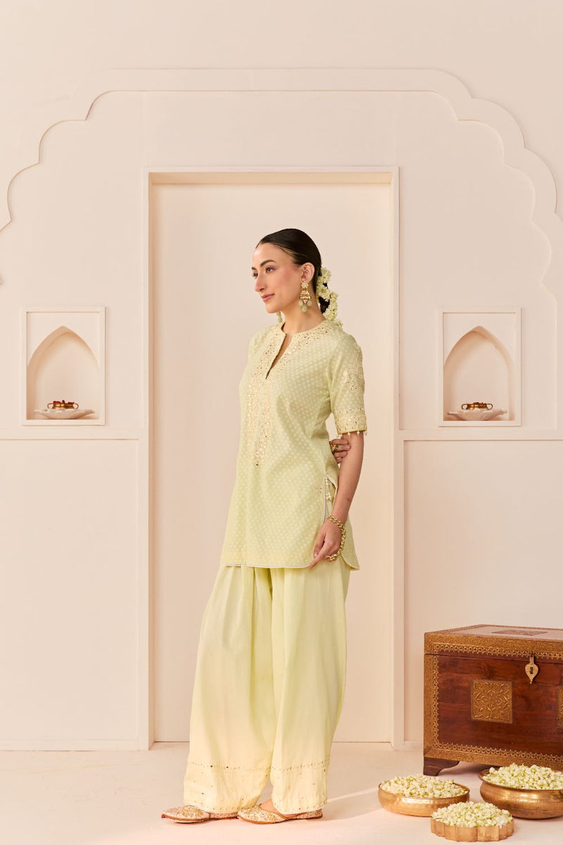 ANAISHA - MINT GREEN SHORT KURTA WITH FARSHI SALWAR chanderi silk kurta/kurta set by SHEETAL BATRA in mint green with lemon yellow for women Worldwide