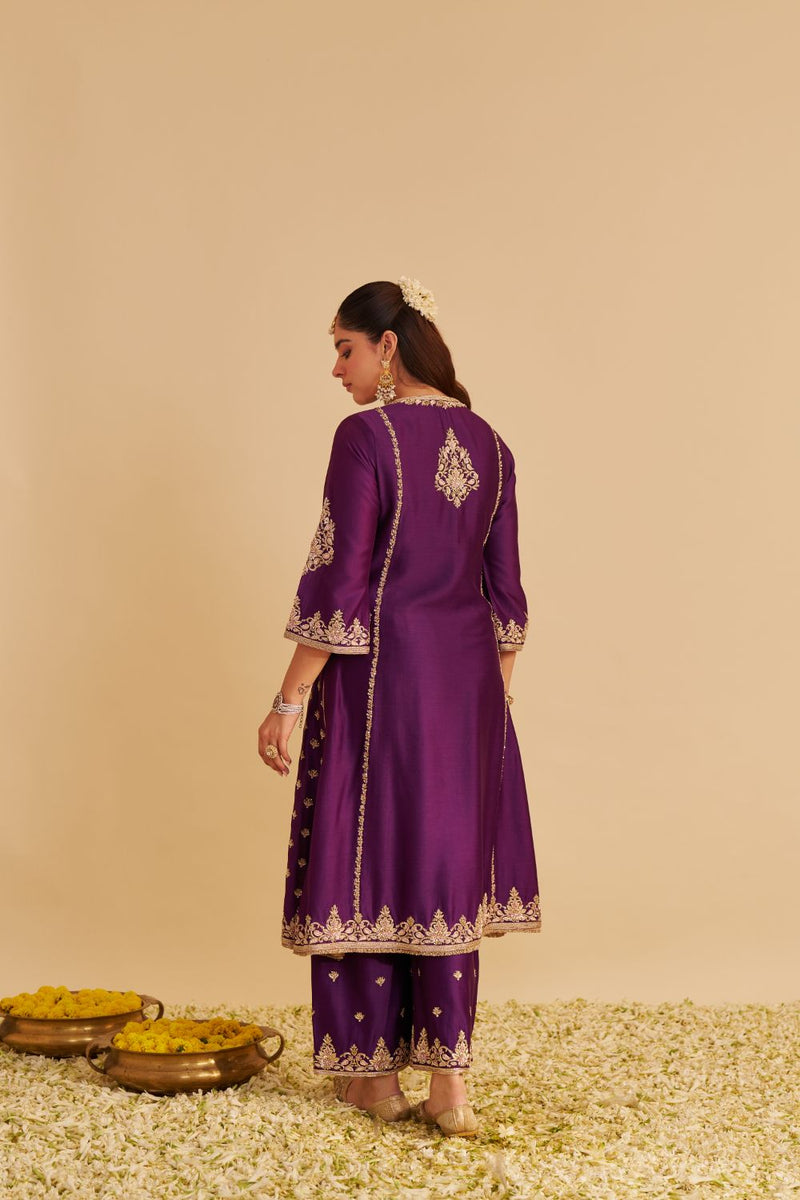 Anaiza - Dabka Zardozi Embroidered Purple Long Kurta & Palazzo with Dupatta silk by SHEETAL BATRA in purple color for women Worldwide
