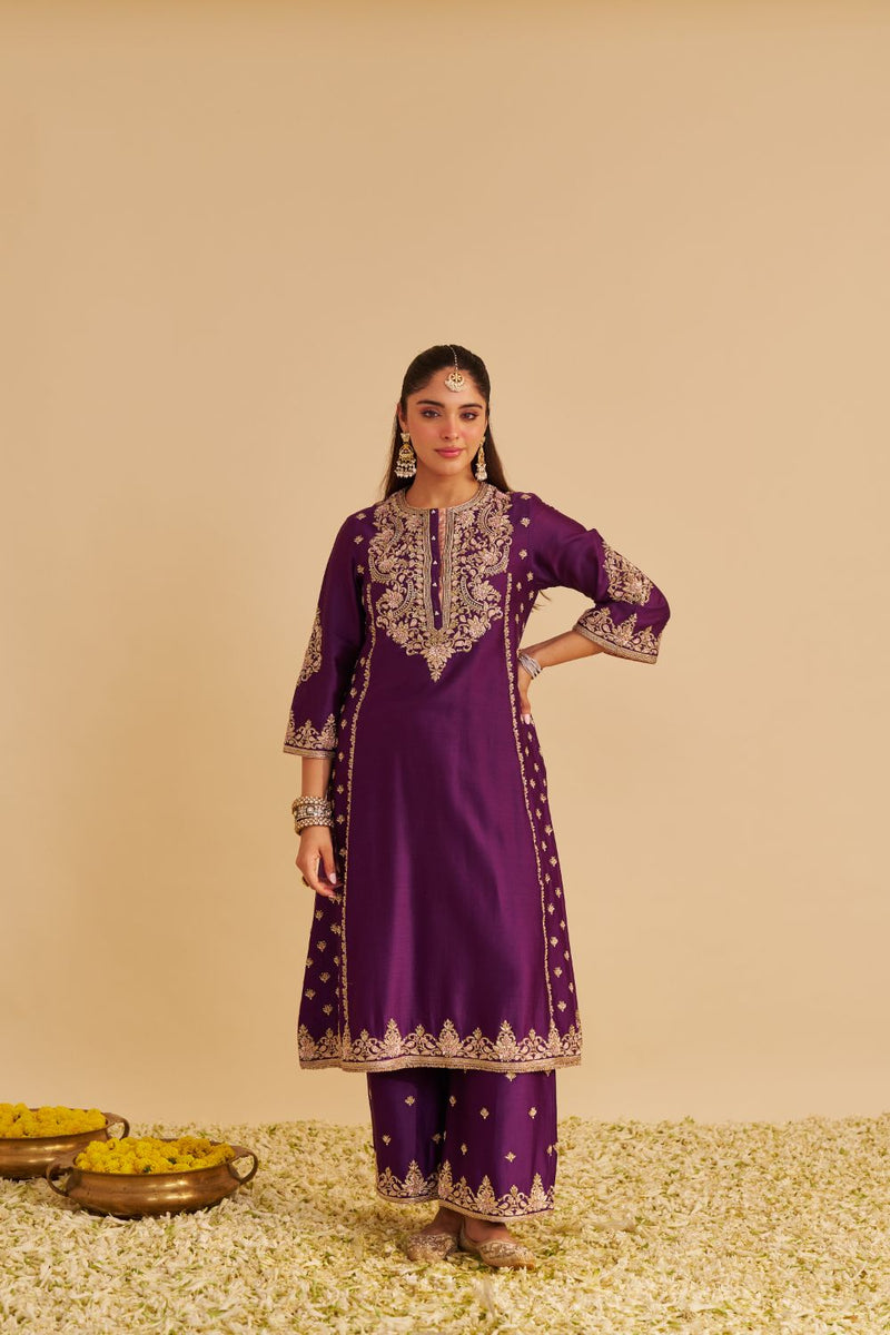 Anaiza - Dabka Zardozi Embroidered Purple Long Kurta & Palazzo with Dupatta silk by SHEETAL BATRA in purple color for women Worldwide