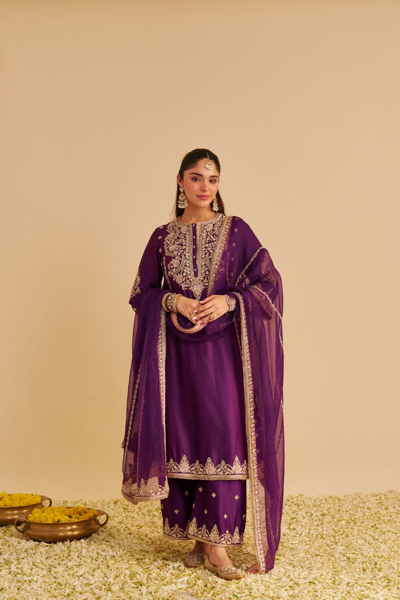 Anaiza - Dabka Zardozi Embroidered Purple Long Kurta & Palazzo with Dupatta silk by SHEETAL BATRA in purple color for women Worldwide