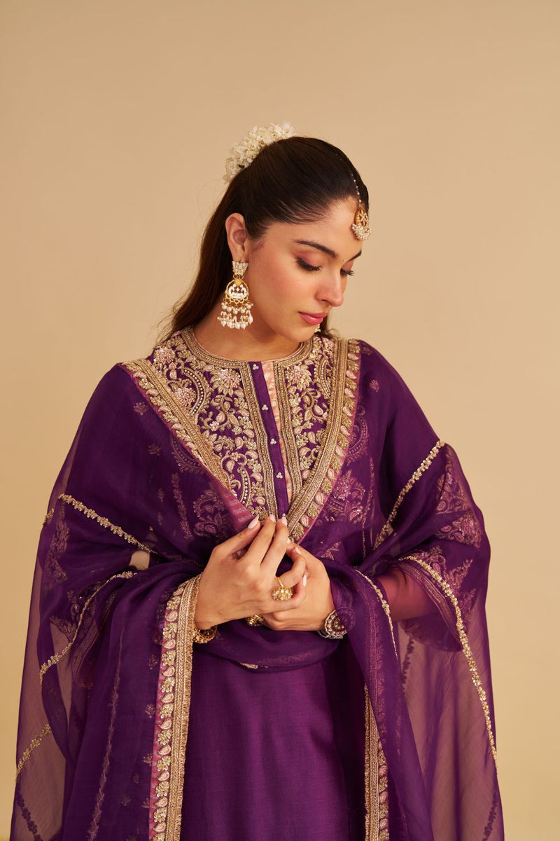 Anaiza - Dabka Zardozi Embroidered Purple Long Kurta & Palazzo with Dupatta silk by SHEETAL BATRA in purple color for women Worldwide