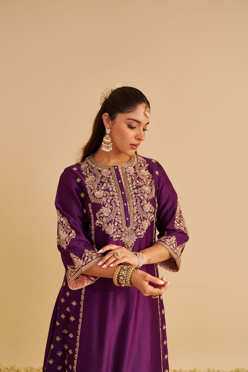Anaiza - Dabka Zardozi Embroidered Purple Long Kurta & Palazzo with Dupatta silk by SHEETAL BATRA in purple color for women Worldwide