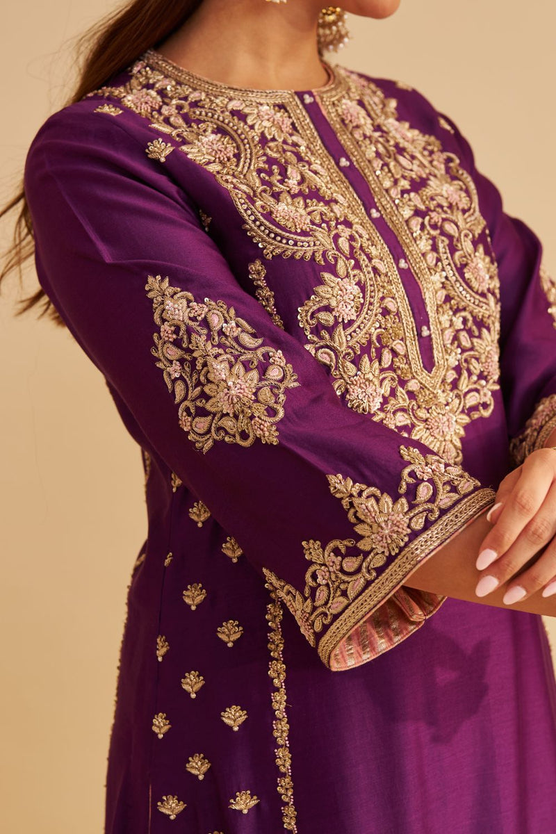 Anaiza - Dabka Zardozi Embroidered Purple Long Kurta & Palazzo with Dupatta silk by SHEETAL BATRA in purple color for women Worldwide