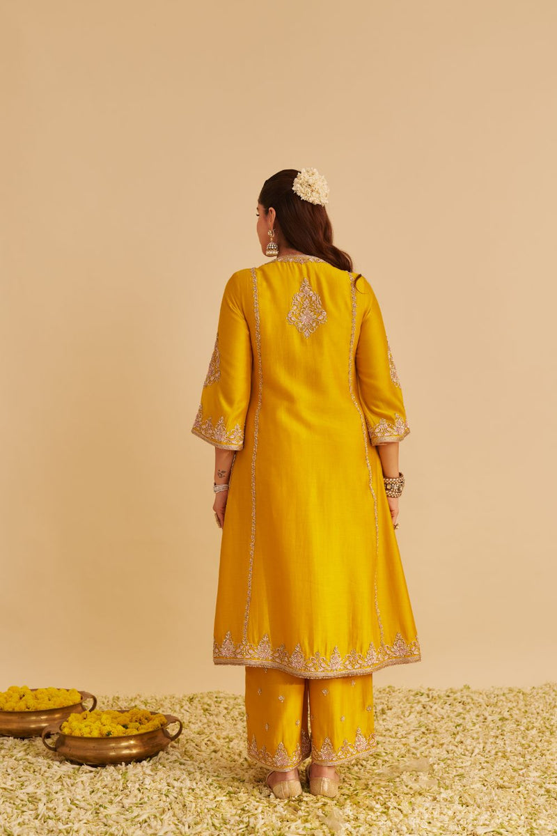 Anaiza - Dabka Zardozi Embroidered Mustard Long Kurta & Palazzo with Dupatta silk by SHEETAL BATRA in mustard color for women Worldwide