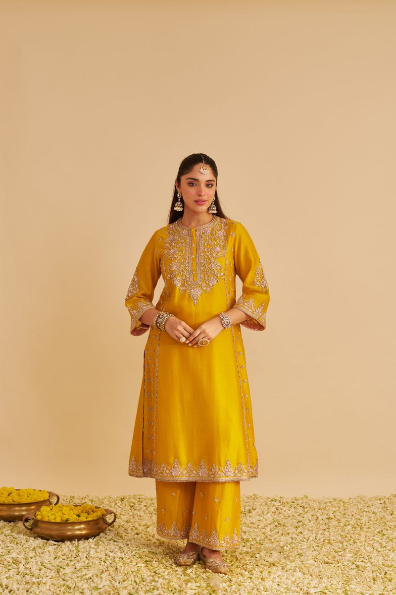 Anaiza - Dabka Zardozi Embroidered Mustard Long Kurta & Palazzo with Dupatta silk by SHEETAL BATRA in mustard color for women Worldwide