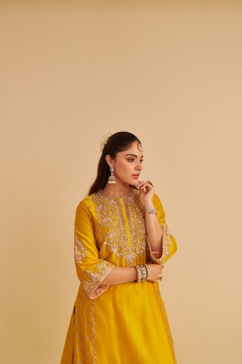 Anaiza - Dabka Zardozi Embroidered Mustard Long Kurta & Palazzo with Dupatta silk by SHEETAL BATRA in mustard color for women Worldwide