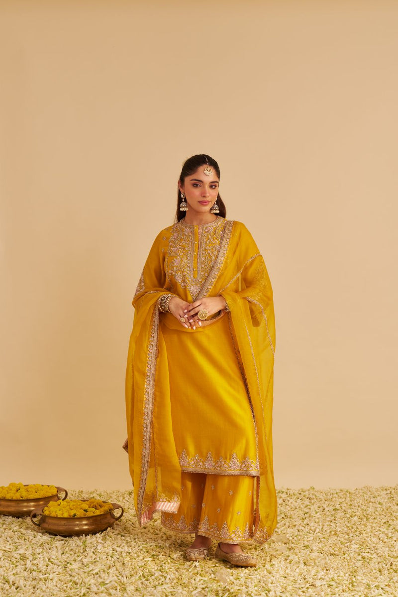 Anaiza - Dabka Zardozi Embroidered Mustard Long Kurta & Palazzo with Dupatta silk by SHEETAL BATRA in mustard color for women Worldwide