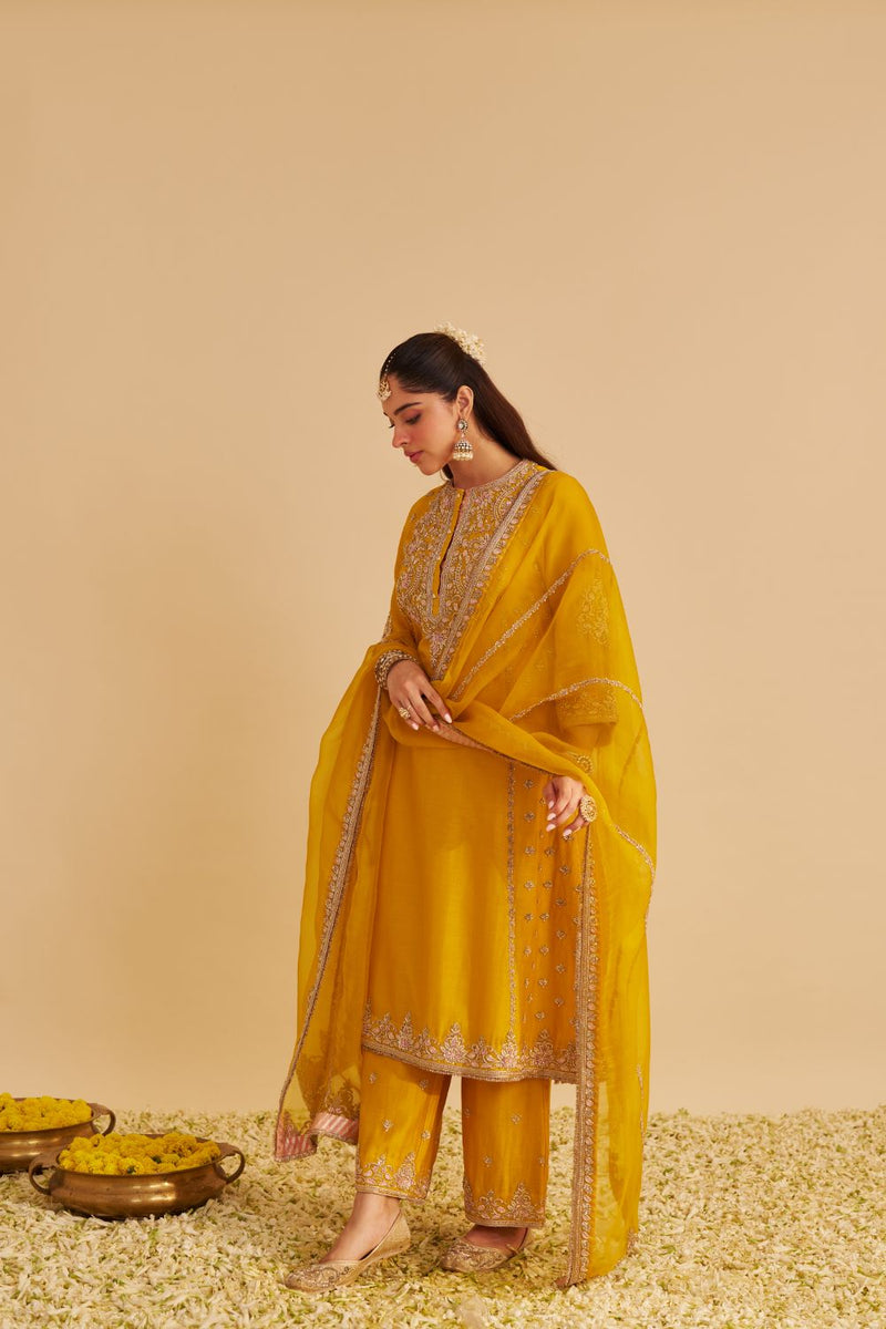 Anaiza - Dabka Zardozi Embroidered Mustard Long Kurta & Palazzo with Dupatta silk by SHEETAL BATRA in mustard color for women Worldwide