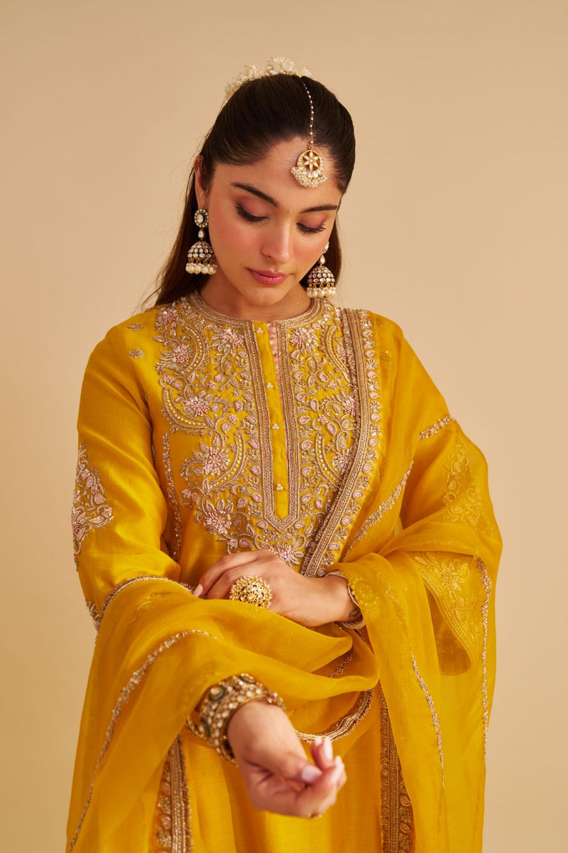 Anaiza - Dabka Zardozi Embroidered Mustard Long Kurta & Palazzo with Dupatta silk by SHEETAL BATRA in mustard color for women Worldwide