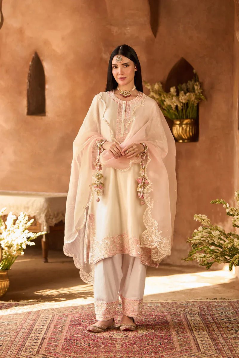 ANAM - DAISY IVORY WITH PINK A-LINE KURTA WITH SALWAR AND DUPATTA silk organza kurta/kurta set by SHEETAL BATRA in daisy ivory with pink for women Worldwide
