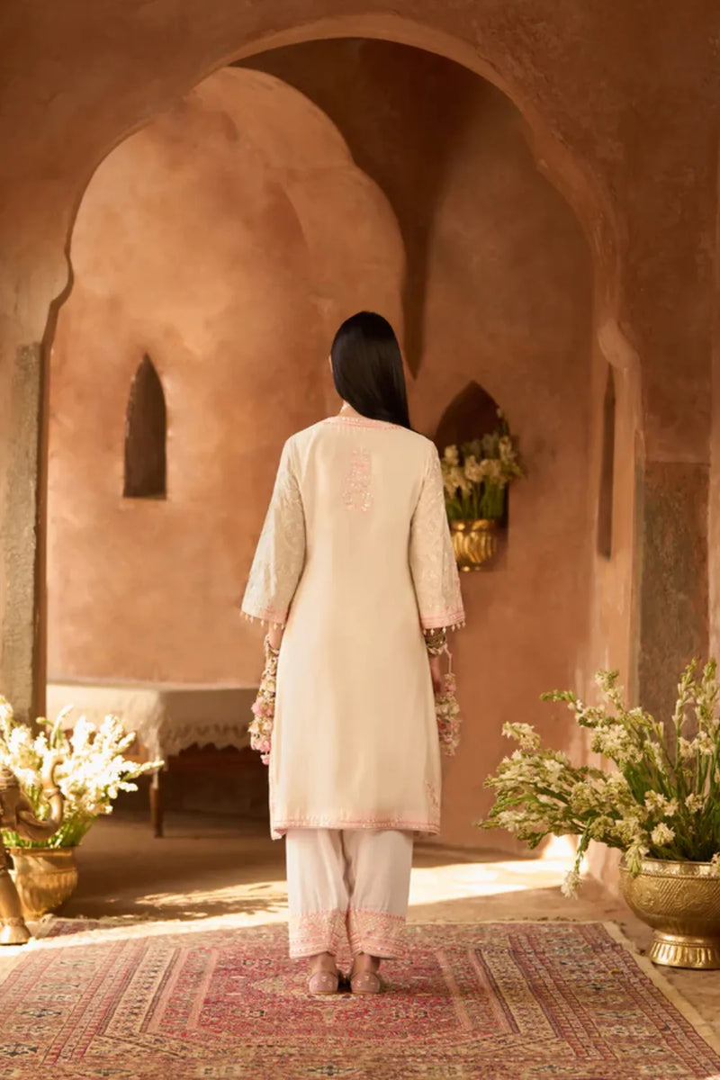 ANAM - DAISY IVORY WITH PINK A-LINE KURTA WITH SALWAR AND DUPATTA silk organza kurta/kurta set by SHEETAL BATRA in daisy ivory with pink for women Worldwide