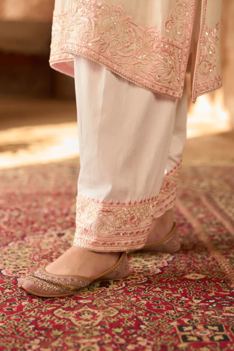 ANAM - DAISY IVORY WITH PINK A-LINE KURTA WITH SALWAR AND DUPATTA silk organza kurta/kurta set by SHEETAL BATRA in daisy ivory with pink for women Worldwide