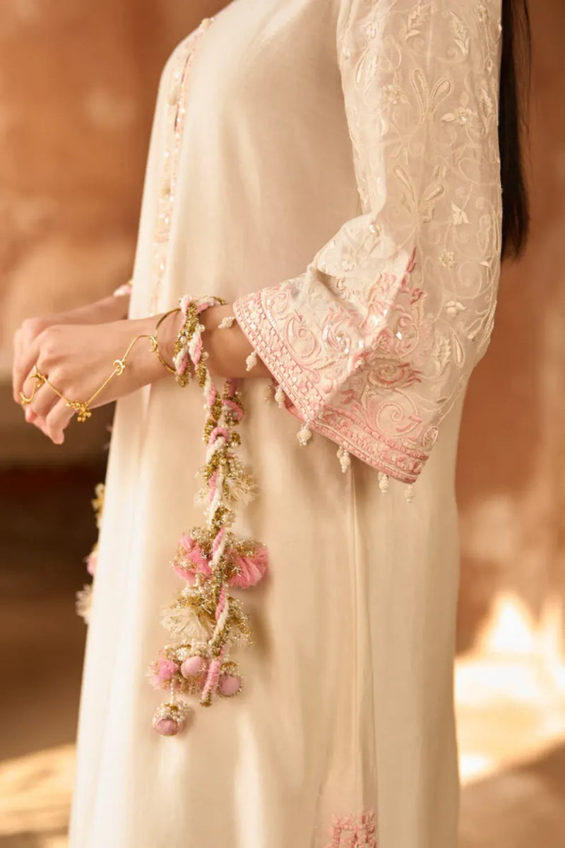 ANAM - DAISY IVORY WITH PINK A-LINE KURTA WITH SALWAR AND DUPATTA silk organza kurta/kurta set by SHEETAL BATRA in daisy ivory with pink for women Worldwide