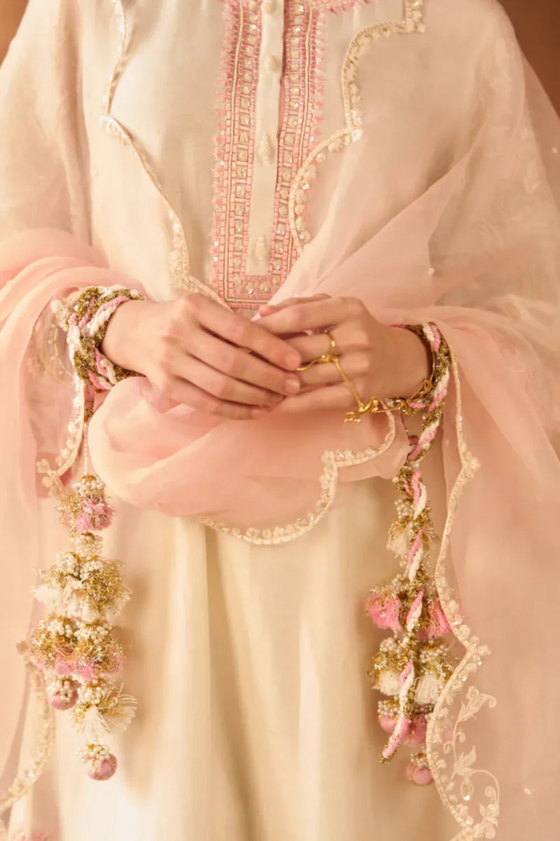 ANAM - DAISY IVORY WITH PINK A-LINE KURTA WITH SALWAR AND DUPATTA silk organza kurta/kurta set by SHEETAL BATRA in daisy ivory with pink for women Worldwide